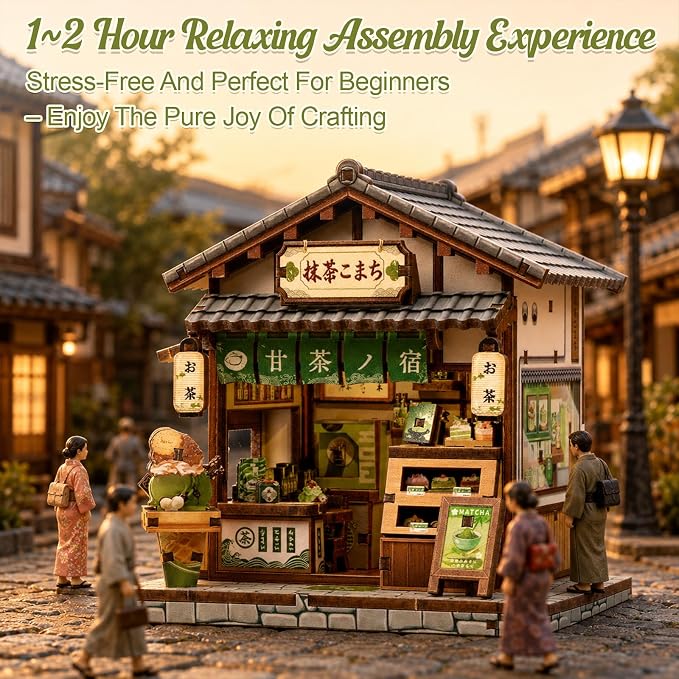 Cutefun DIY Miniature House Kit, 128 Pcs 3D Wooden Puzzle Tiny House Mini House Building Kit for Beginners & Teens, Palm-Sized Japanese Booknook Dollhouse for Bookshelf Decor (Kyoto Matcha Cottage)