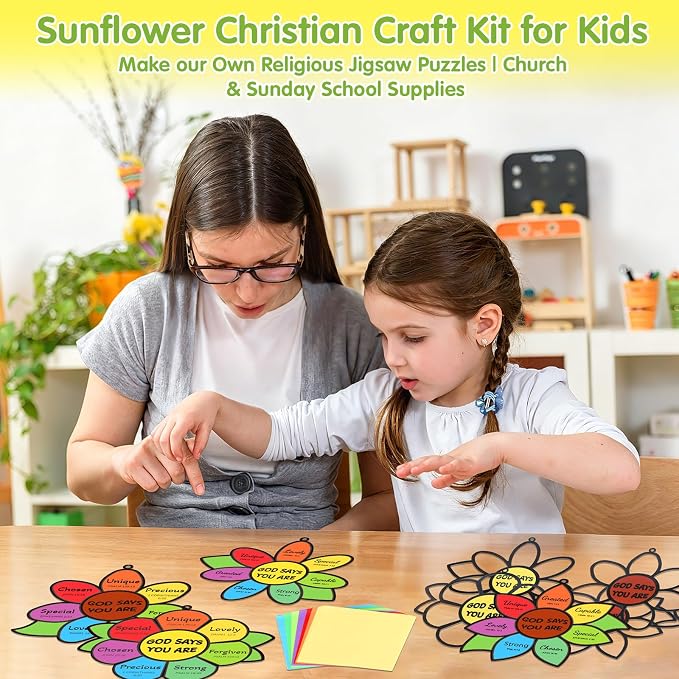 Fennoral 24 Pack Religious Sunflower Crafts for Kids Make Your Own God Says You are Sunflower Suncatchers DIY Christian Bible Verse Ornaments for Sunday School Classroom Activities Church Party Decor