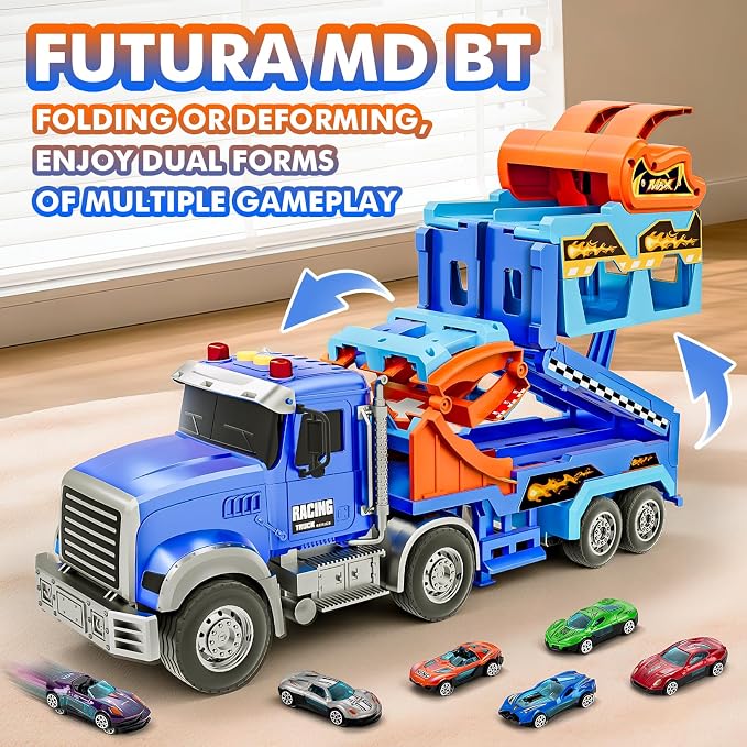 Kids Toys for 3 4 5 6 7 8 Years Old Boys, Carrier Truck Transport Car with Lights Sounds, Christmas Birthday Gift for Toddler, Foldable Layer Car Race Track Playset with Race Track, 6 Metal Toy Cars
