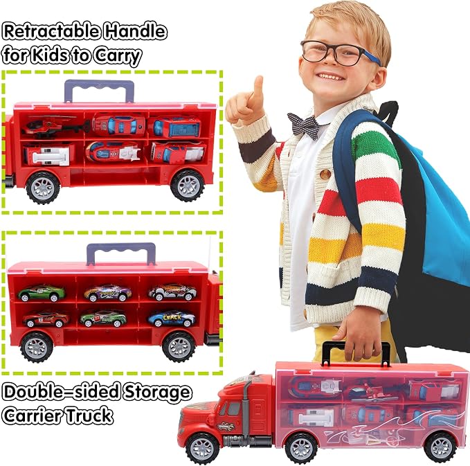 Toddler Toys for 3-4 Year Old Boys,Large Transport Cars Carrier Set Truck Toys with 12-in-1 Vehicles Truck Toys Cars,Ideal Christmas Easter Gifts Toys for Kids Age 3-7,Red