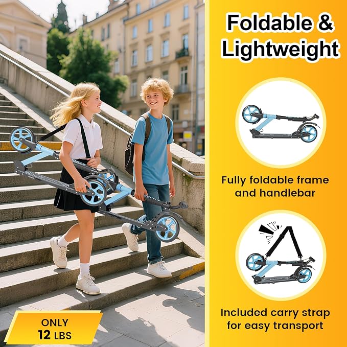 SIMATE Kick Scooter for Kids Teens & Adults, 4 Adjustable Heights, 8IN All Terrain Big Wheels, Dual Brakes & Dual Suspension, Foldable and Lightweight, Gifts for Girls Boys
