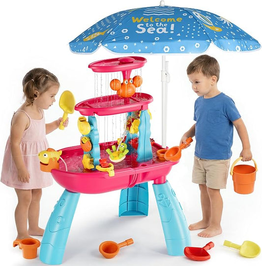 Kids Sand Water Table for Toddlers with Umbrella/Water Pumb, 3-Tier Outdoor Water Sand Play Table Beach Toys, Summer Splash Activity Sensory Table Party Birthday Gift for Kids 3 4 5 6 7 8(Red)
