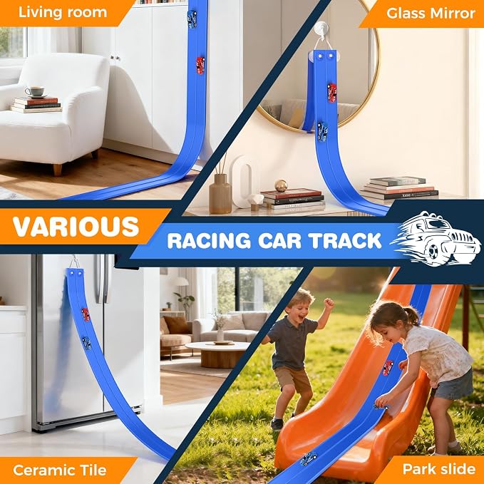 TAEMVV 15 Ft Dual Flexible Race Track for Kids, DIY Ramps Car Track Set Compatible with Hot Wheels 1/64 Diecast Cars, Reinforced Suction Cup for Boys Girls 3+, Solid Blue