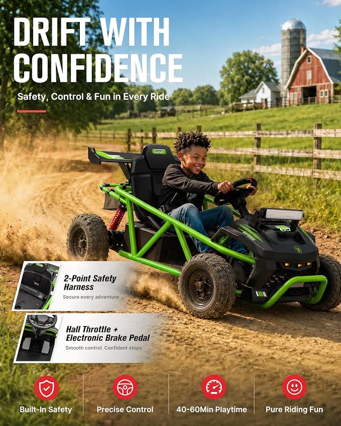 First Ride On 36V Kids Off-Road Go Kart, 400W Electric Ride-On Car for Ages 6+, Up to 9.3 MPH, EVA Tires, Metal Frame, Hall Throttle, Electronic Brake, Adjustable Seat, Bluetooth (Green)