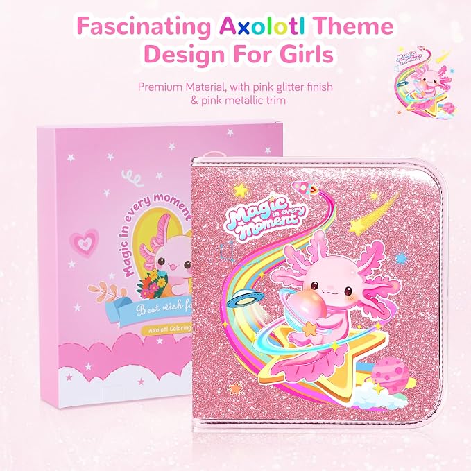 MAIGOZON Axolotl Gifts for Girls - 72 PCS Scented Markers Art Set for Kids Ages 4-8, Coloring Kit with Glitter Case, Mermaid Coloring Book & Quick-Dry Gel Pens, Birthday Christmas Gift
