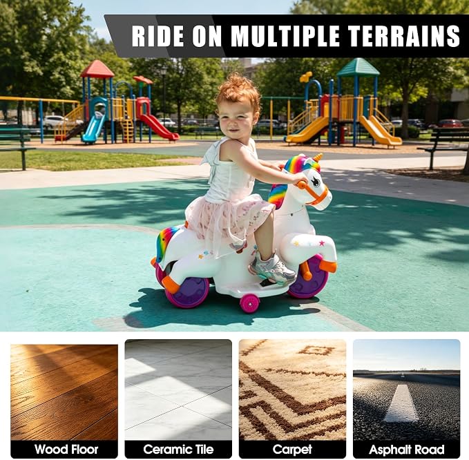 TOBBI Electric Unicorn Ride on Toy Kids Car for Toddler Ages 2-6 Battery Powered Rideable Rocking Horse Pony with Music 3 Wheeler Motorized Unicorn Riding Toys for Baby, Girls & Boys