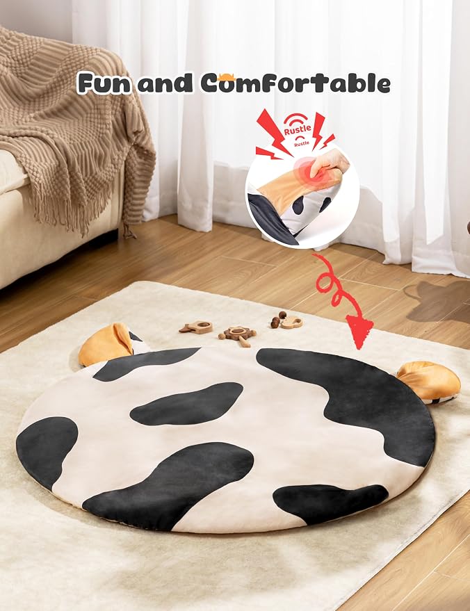 2PM SPORTS Cow Theme Baby Play Mat, Tummy Time Mat for Infant Newborn, Baby Play Gyms & Playmats for 0-3 3-6 6-12 Months, Activity Mat 5 Detachable Toys, Non Slip Gym Mat Easy to Install & Clean