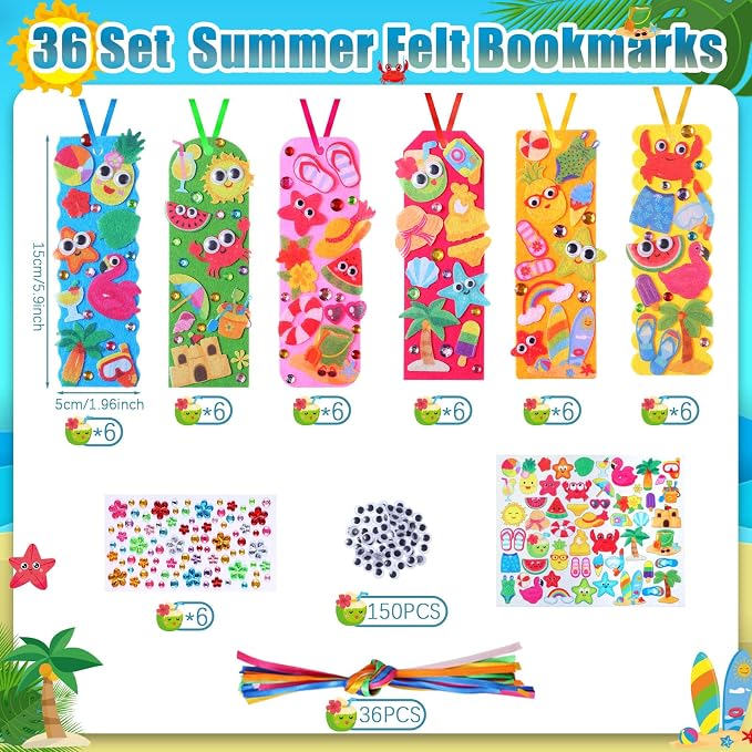 Capoda Summer Bookmark Craft Kits Felt DIY Make Your Own Bookmark with Tropical Fruits Pool Beach Foam Stickers for Classroom Activities Reading Camping Reward Party Favors (36,Summer)
