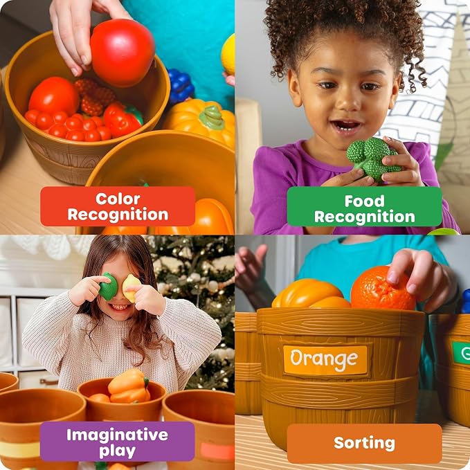 Learning Resources Farmer's Market Color Sorting Set - Pretend Play Food Sets for Kids Kitchen, Color Sorting Toys, Plastic Fruit and Vegetable Toy for Kids Kitchen Set, Play Food for Toddlers 1-3
