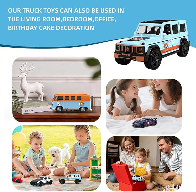 1:32 Alloy Pull Back Truck Toys for Kids, 6 Pack Die Cast Car Set with Road Map, Traffic Signs & Light, Toy Vehicle Playset, Birthday for Boys Girls Ages 3-8