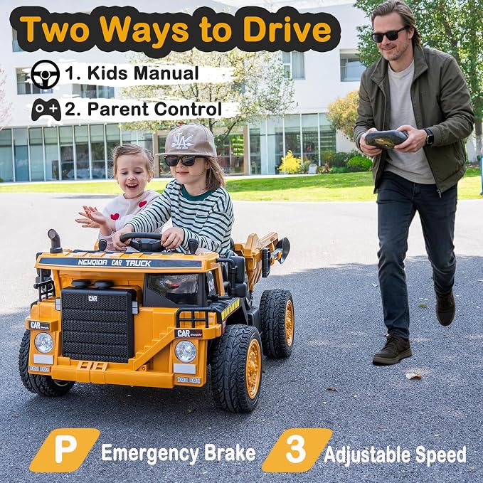 NEWQIDA 24V Ride on Dump Truck, Electric Car for Kids with Remote Control, Kids Ride on Toys Construction Vehicles w/Electric Dump Bed, Shovel, Powerful Motors, EVA Tires, Soft Start, 2 Seater, Yellow