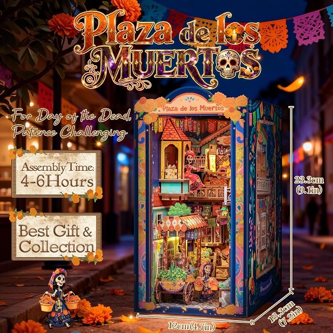 Cutefun Book Nook Kits for Adults, Mexican Art & Culture DIY Miniature House Dollhouse Bookend, 3D Wooden Puzzle with LED for Bookshelf Insert Decor, Creative Gifts for Teens (Plaza de Los Muertos)