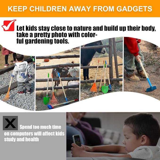 Kids Shovel, Rake for Leaves, Spade, Hoe and Broom, 5Pcs Kids Garden Tools, Gardening Yard Outdoor Toy Gifts for Boys Girls Age 3 4 5 6 7 8 Years Old
