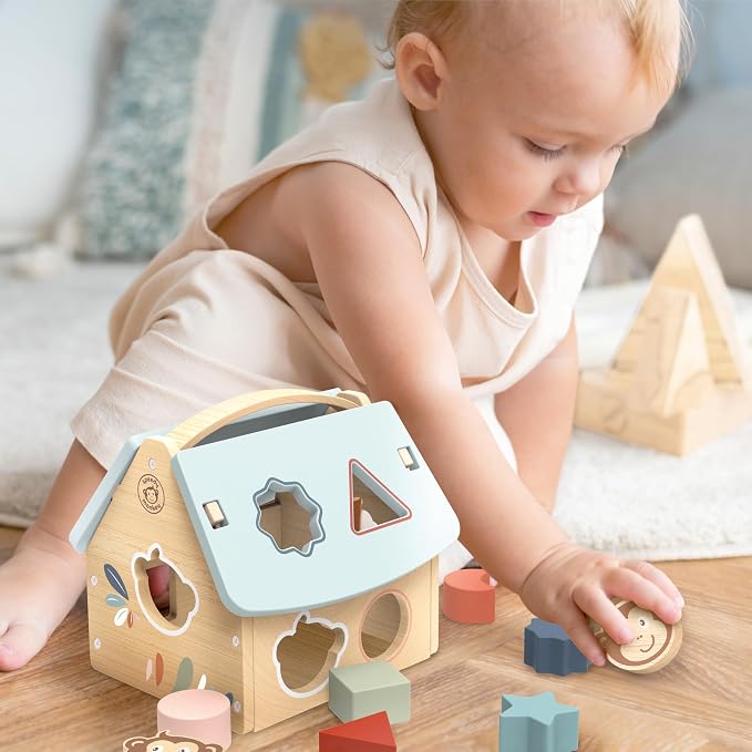 Speedy Monkey House Shape Sorter with 8 Blocks, Fun Colors, Shapes, Monkey Character, Wooden Toy, Non-Toxic Paint, Enhances Learning, Ideal for Kids