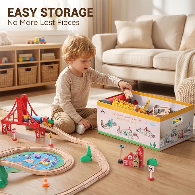 SainSmart Jr. 114PCS Wooden Train Set with Storage Box, Wood Train Track Set Compatible with Major Brands, Expandable Train Toys for 3-7 Years Old Girls & Boys, Great Birthday