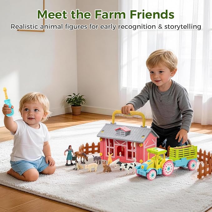 Farm Animals Toys for Kids 3+, DIY STEM Take Apart Tractor & Animal Figures, Montessori Farm Set with Barn Storage Case