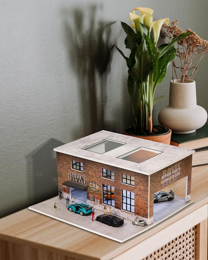 1/64 Scale Display Case Car Garage Model, Factory Building Cover Diecast Diorama Box Decorative Miniature Scene with LED Light for Toy Car Display and Storage