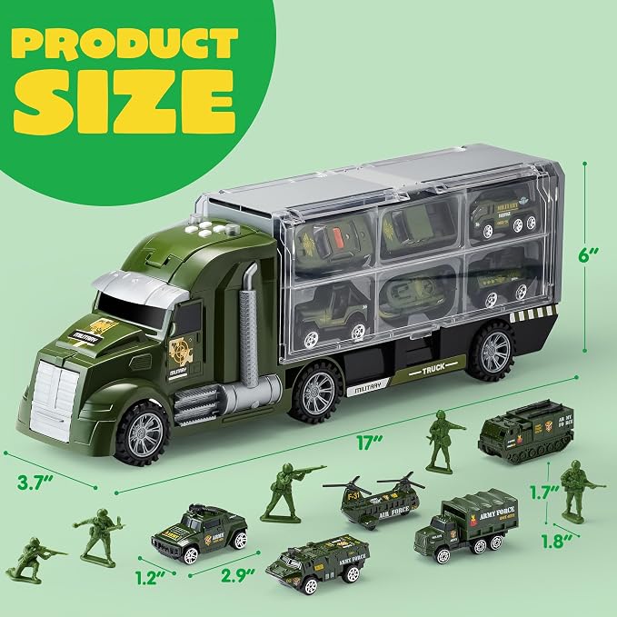 JOYIN 25 in 1 Military Kids Truck Toys for Age 3+, Toddler Boy Toys, Army Men Tanks Set with Soldier Men, Mini Battle Cars in Carrier Truck with Lights and Sounds, Gifts for Grandkids