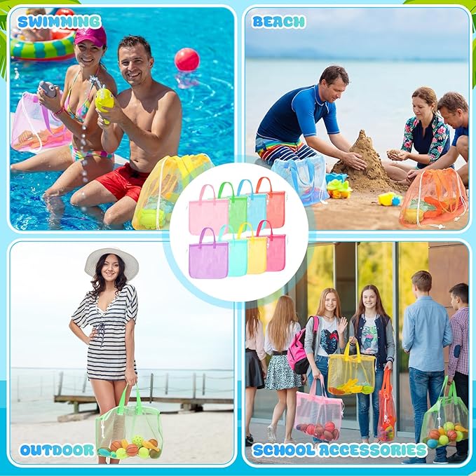 Paterr 16 Pcs Mesh Beach Tote Bag Seashell Bags Foldable Large Beach Toy Organizer with Drawstring, Pool Gym Swimming Camping Accessories Lightweight Foldable Birthday Gifts (8 Colors)