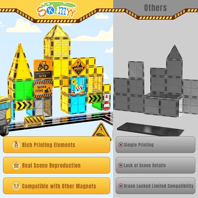 SKTMYY Magnetic Tiles for Kids, Construction Toys with Crane Road Truck Magnets Building Blocks Gifts for Kids Ages 3-5 4-8 Montessori Preschool Educational STEM Toy Gifts for 3+ Years Old Boys