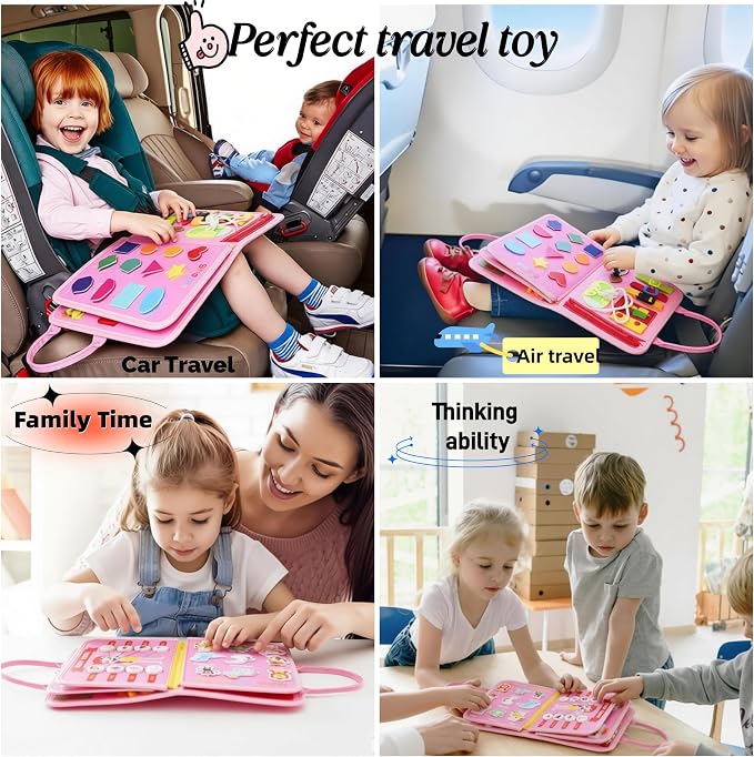 Busy Board for Toddlers，Montessori Busy Board with Sensory Activities, Fine Motor Skills Learning Toy, Travel Activity Book for Airplane and Car, Educational Gift for Boys and Girls