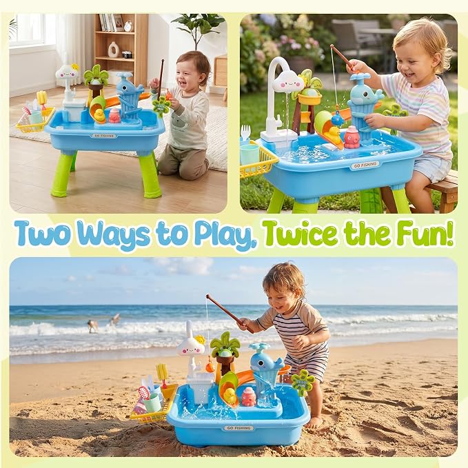 Upgraded Toddler Sand Water Table with Electric Water Pump - 4-in-1 Outdoor Play Center with Faucet, Play Food & Fishing Game - Kitchen Sink Toys for Boys Girls Age 3+ (Blue)
