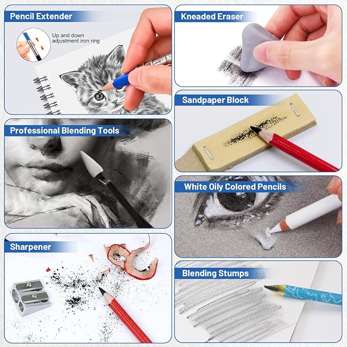 53 Pack Drawing Set Sketch Kit, Sketching Supplies for Drawing with Graphite, and Charcoal Pencils, Pro Art Drawing Kit for Artists Adults Beginner, Ideal for Shading, Blending