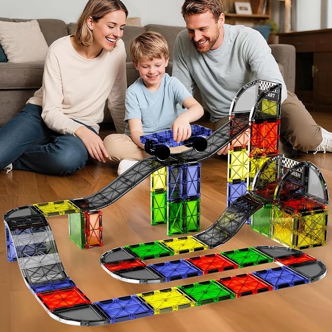 Magnetic Downhill Racer Set 40-Piece with Car & Tracks, STEM Magnetic Tiles Building Toys for Kids Ages 3-8, Montessori Learning Toys with Reinforced Slopes & Loop Pieces