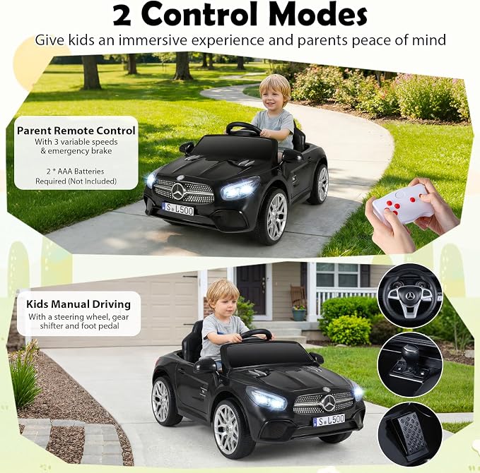 Costzon Ride On Car, 12V Licensed Mercedes Benz Electric Vehicles with Parent Remote Control, LED Headlights, Music & Wireless Connection, Kids Car for Boys Girls Aged 3-8 (SL500,Black)