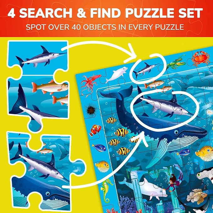 QUOKKA 100 Piece Puzzles for Kids Ages 4-6 - 4 Jigsaw Puzzles for Kids Ages 6-8 - Search and Find Game with Animals, Dinosaurs for Childrens 5-8 - Learning Educational Toys for Boys and Girls 8-10