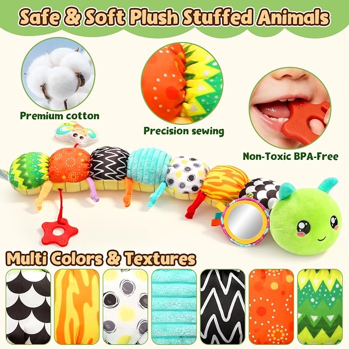 Baby Toys 0-6 6-12 Months, Caterpillar Musical Stuffed Animals Toys with Rattles Crinkle Mirror, Newborn Infant Tummy Time Toys 0-3 Months, Baby Sensory Toys for Boys Grils Shower Gifts