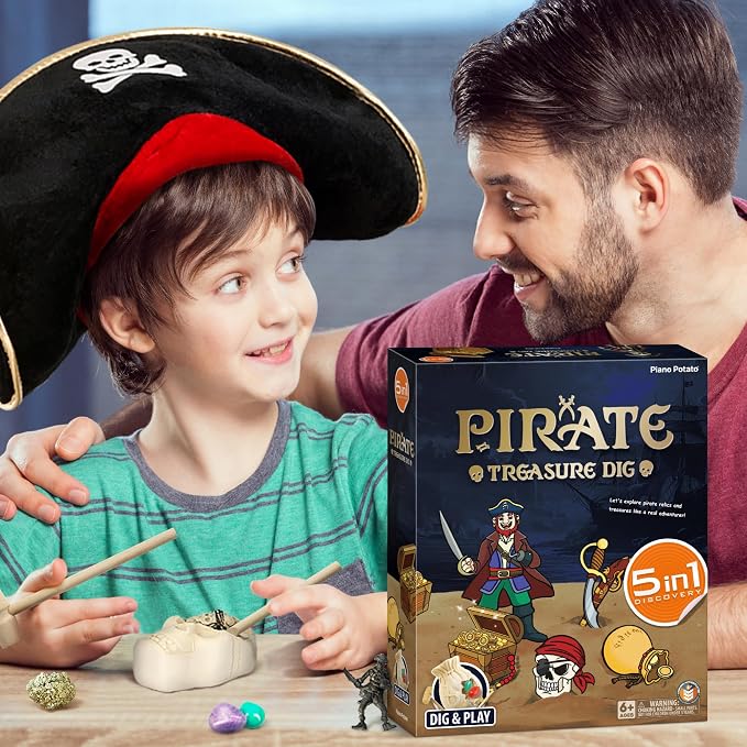Pirate Treasure Dig Kit - 5-in-1 Skeleton Skull & Gold Brick Excavation Science Kit, Archaeology Stem Educational Toys with Gems, Pirate Statue, Coins, Toy Gift for Kids Boys Girls Age 6+