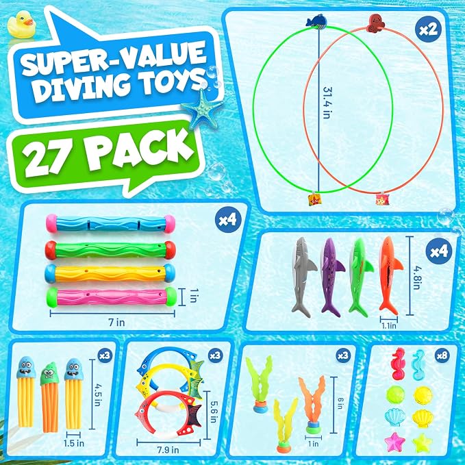 Dive Rings Pool Toys Adults, 27 Pcs Diving Toys for Kids Ages 4-8, Shark Torpedo Dive Set, Octopus Toddler Water Fun Toys, Summer Essentials Underwater Swimming Throwing Gifts for Boys & Girls