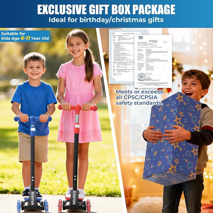 3 Wheel Scooter for Kids Ages 3-12, LED Light-Up Kids Kick Scooter–Portable Foldable, Adjustable Height, Durable Metal Construction, 6" Extra Wide Deck for Outdoor Activities,Child Safety Certified