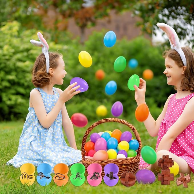 GOLDGE 24 Pack Easter Eggs Filled with Brain Teaser Puzzle Set for Adults & Kids, Ancient Wooden & Metal 3D Puzzles, IQ Logic Games for Easter Basket Stuffers & Party Favors, Egg Hunt, Family Fun