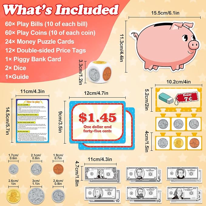 Kasfalci 140 PCS Money for Kids for Learning, Math Manipulatives, Learning & Education Toys for Classroom, Pretend Play, Math Games for Toddler, Teacher and Homeschool Supplies