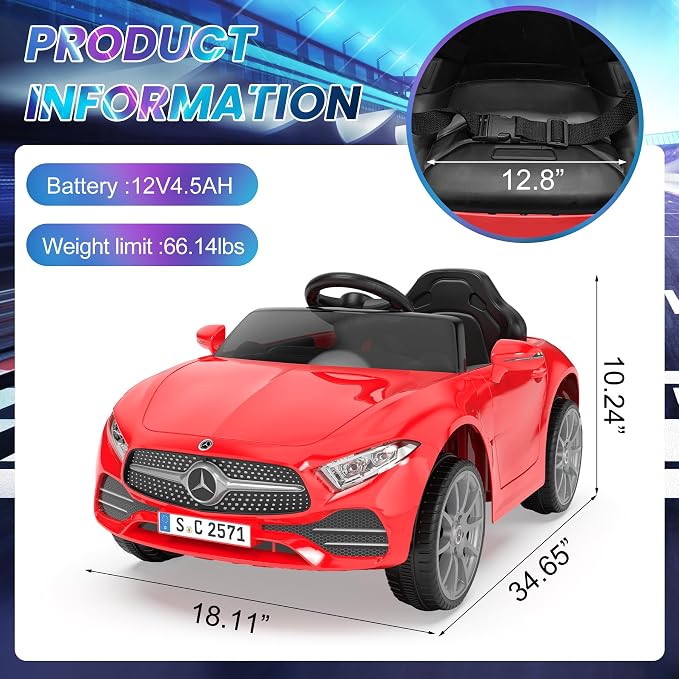 Battery Powered Electric Car Ride On Vehicle Double Doors, Safety Belt,LED Light (SC-Red)