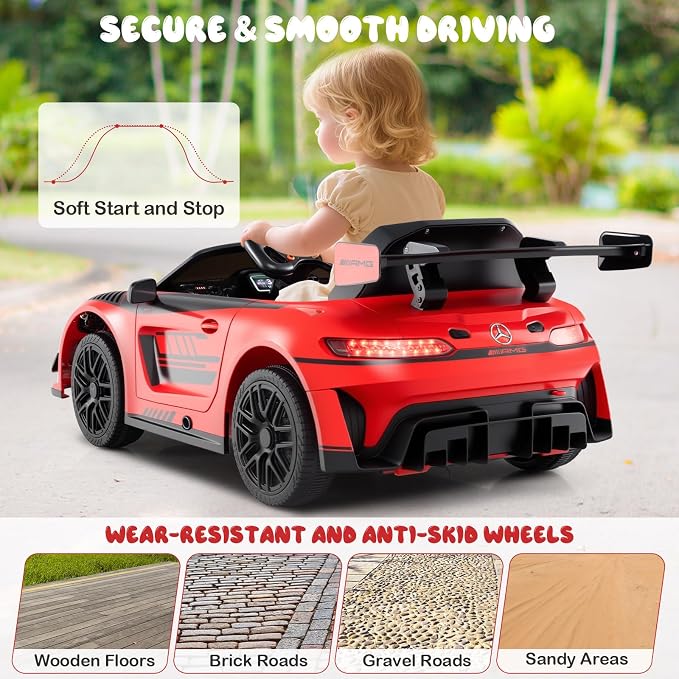 Costzon Ride on Car, 12V Licensed Mercedes-AMG GT3 Kids Car with Remote Control, 3 Speeds, LED Lights, Music, Wireless, Transport Wheels & Soft Start, Electric Vehicle for Toddlers Aged 3+ (Red)