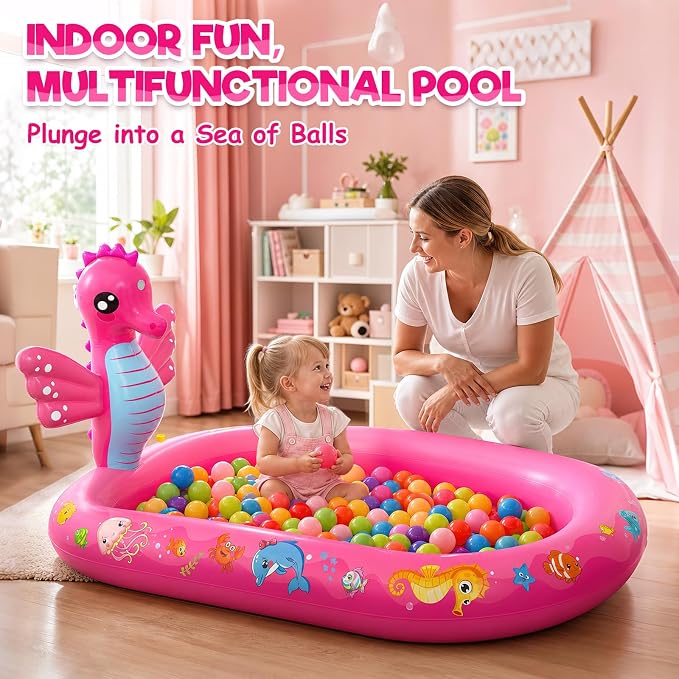 Splash Pad for Toddlers, 3-in-1 Seahorse Inflatable Baby Pool Sprinkler for Kids, Baby Splash Pads Outdoor Play Mat, Backyard Summer Water Toys Birthday Gift for 1+ Year Old Girls Kids