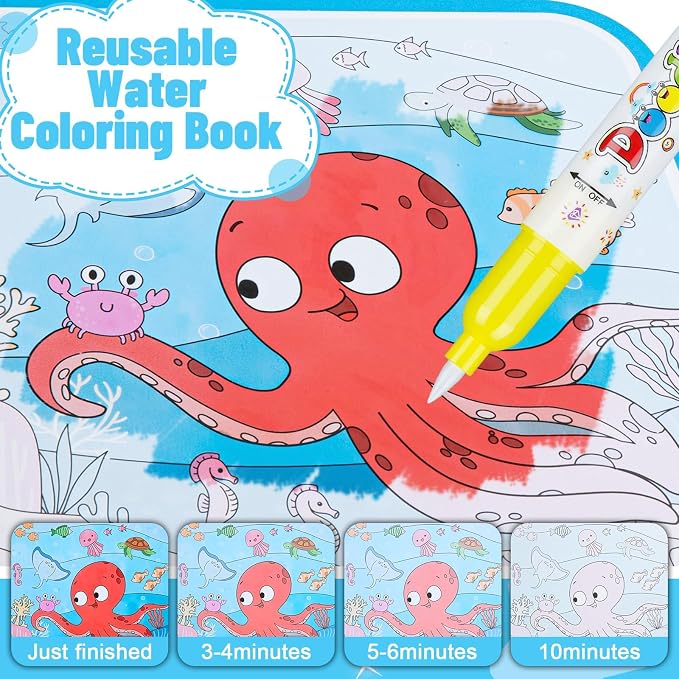 Reusable Water Coloring Books for Toddlers 1-3, Mess-Free Water Painting Book Set With Water Pens(Airplane & Dinosaur) Travel Art Craft Activity Toys for Girls Boys Ages 3+, Birthday Gifts - 4PCS