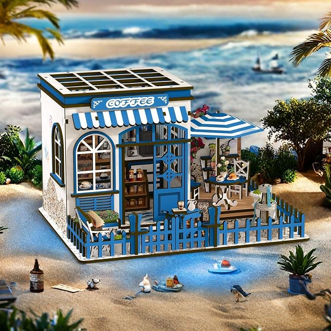 DIY Miniature House Kit, Coffee Shop Book Nook Kit, Mini Building Kit, Dollhouse Kit for Adults and Teens, 3D Wooden Puzzles with LED Light, Craft Kit for Family and Friends(Sunny Coffee Shop)