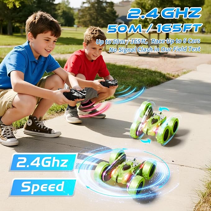 Remote Control Stunt Car – 4WD 360° Flip Double‑Sided RC Car LED Light Bar & Modular USB‑C Battery, 2.4 GHz Off‑Road Toy, Birthday for Boys Girls Ages 6‑12, Green