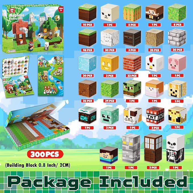 300 PCS Magnetic Blocks - Magnetic Building Blocks Cubes, Magnet Toys for Kids Age 3+, Toy Building Set for Kids, Magnets Stacking Construction Easter Birthday Gifts for Boys Girls Age 4-8, 8-12