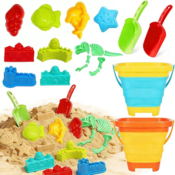 Foldable Beach Bucket and Shovel Set for Kids, 20PCS Sand Toys with Sand Molds (Castle, Dinosaur, Sea Animal) & Mesh Bag, Toddler Collapsible Outdoor Sand Toys for Beach, Sandbox, Pool, Summer Gift