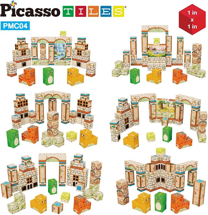 PicassoTiles Magnet Cube Prehistoric World Themed Mix and Match Building Block Construction Toy with 4 Magnetic Cubed Dinosaur Character Action Figures STEM Education Sensory Pretend Play Age 3+ PMC04