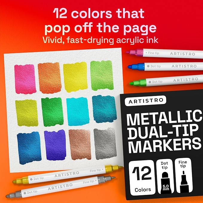 ARTISTRO 12 Metallic Dual-Tip Acrylic Paint Markers – Paint Pens Set with Dot & Fine Tips for Fabric, Rock, Glass, Wood, Coloring Books – Arts & Crafts Gift – Classroom Must Haves & School Supplies