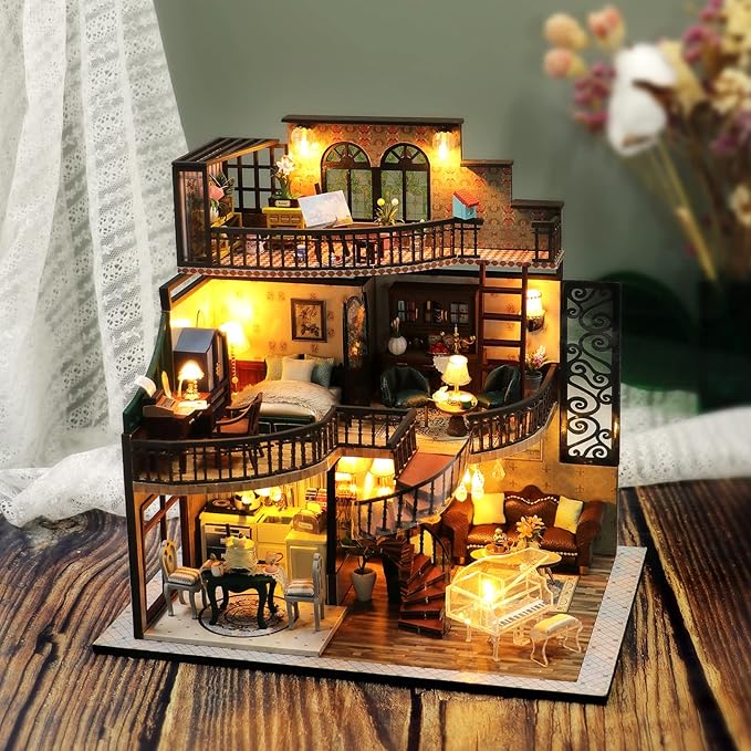 Spilay DIY Miniature Dollhouse Kit with Wooden Furniture,1:24 Scale Mini House with Dust Proof Cover & Music Box,Best Valentine's Day (M2132)