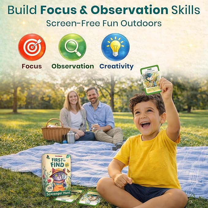 QUOKKA Scavenger Hunt Game for Kids Ages 4–8 – Outdoor Adventure Card Set with 100 Creative Tasks for Camping, Backyard Play & Summer Activities