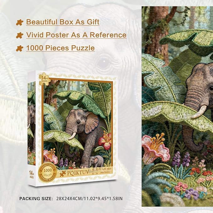 1000 Piece Puzzle for Adults, Elephant in the Forest | Impossible Puzzles with Letters on Back, Jigsaw Puzzles Family Decoration Puzzle Gifts for Women Men (27.56x19.7 Inch)
