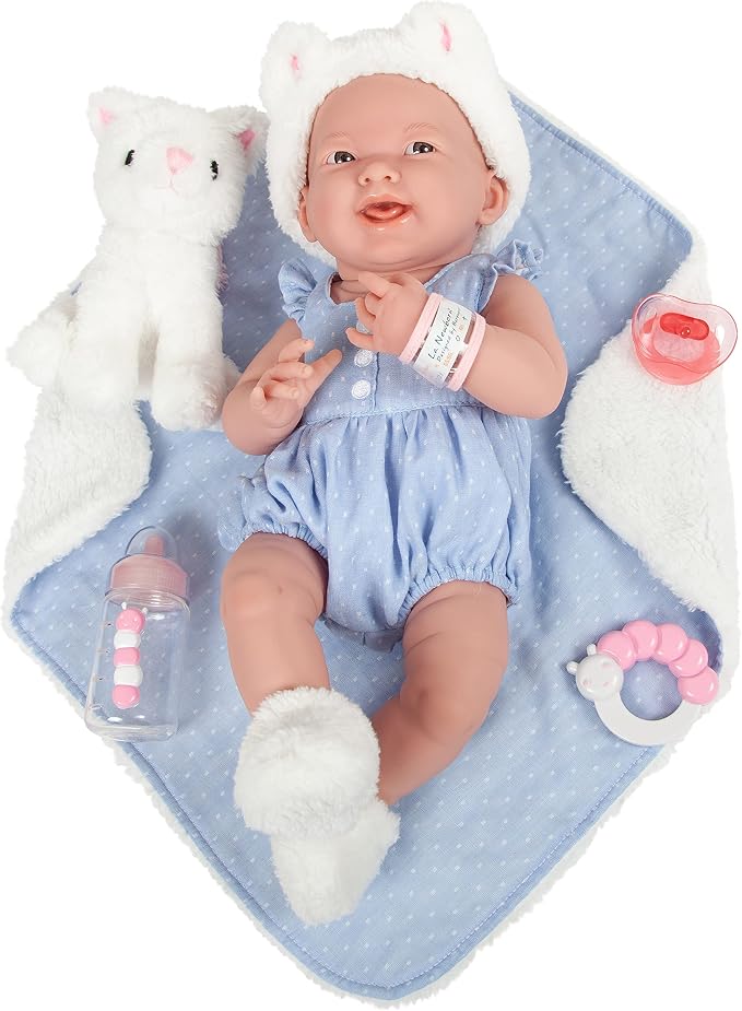 JC Toys La Newborn All-Vinyl-Anatomically Correct Real Girl 15" Baby Doll in Blue and Deluxe Accessories, Designed by Berenguer., Blue/White